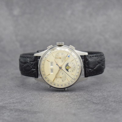 VALJOUX 88 nahezu neuwertiger Chronograph mit Vollkalender & Mondphase in Stahl, Schweiz um 1955, Handaufzug, 3-tlg. Geh., Boden & Glasrand aufgedr., ...