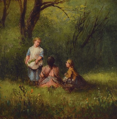 Anton Doll, 1826-1887 München, drei Mädchen unter einem Baum auf der Wiese, Öl/Malkarton, links unten signiert: A.Doll München, ca. 14x14cm, R. ...
