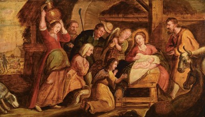 Unbekannter Künstler, Niederlande, Ende 18. Jh., Die Geburt Christi und die Anbetung der Hirten, Öl/Holz, ca. 41x70cm, R. ca. 56x 85cm, rest.