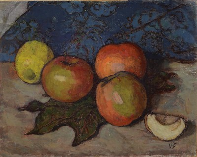 Monogrammist VS, 1. Hälfte 20. Jh., Stillleben mit Äpfeln, Öl/Lwd/Malkarton, rechts unten monogrammiert, ca. 24x30 cm