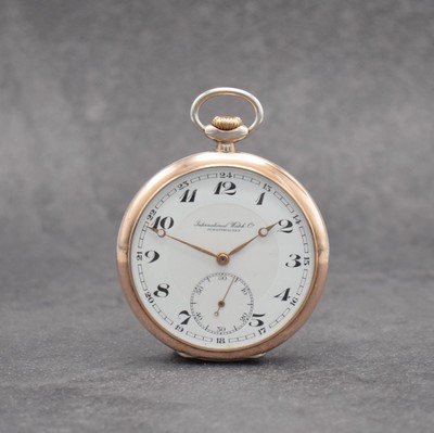 IWC offene Taschenuhr in Silber Kal. 67, Schweiz um 1936, Rand verg., guill. Rückseite, Emailzifferbl. m. arab. Zahlen, gold. Zeiger, rhod. Werk ...