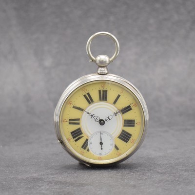 Offene Taschenuhr mit aufwendig durchbrochenem & graviertem Werk, Schweiz um 1870, Schlüsselaufzug, Silbergeh., 2-farb. Emailzifferbl. mit fetten ...