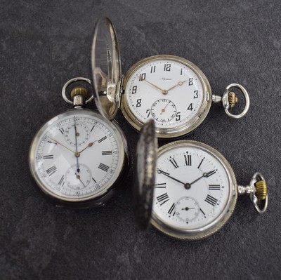 Taschenuhr mit Chronograph & 2 Savonette, Schweiz um 1900, 1) offenes Silbergeh. dell., Emailbl. m. röm. & arab. Zahlen riss., 30- Min.-Zähler, ...