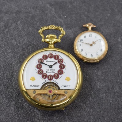 Konvolut: 2 offene Taschenuhren, Schweiz um 1900/1950, 1)Hebdomas / Moeris m. 8 Tages- Werk, verg. Geh., Rücks. floral grav., weißes Emailzifferbl. ...