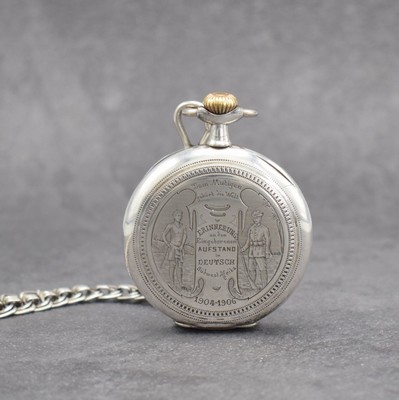 CORTEBERT offene Herrentaschenuhr in 800er Silber an Kette, Schweiz um 1910, Boden mit Gravur zur "Erinnerung an den Eingeborenen Aufstand in ...