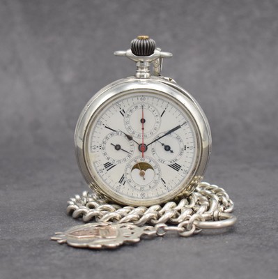 Offene Herrentaschenuhr mit Vollkalender & Schaltradchronograph in 800er Silber an englischer Silberkette, Schweiz um 1900, altersbed. dell., Boden ...