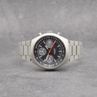 DUGENA Armbandchronograph Serie Monza, Handaufzug, Schweiz um 1970, matt. Edelstahlgeh. inkl. Gliederband m. Faltschl., verschr. Boden m. ...