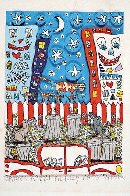 James Rizzi, 1950-2011, "Alley cats", 3D-Konstruktion, handsign., num.80/99, dat. 1982, ca. 26x20 cm, stockflecken