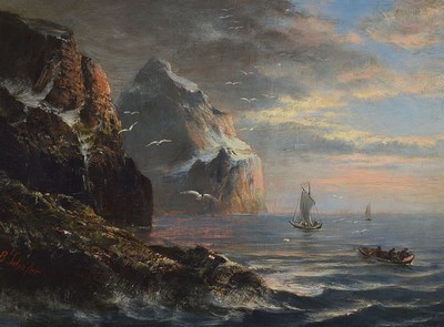 Unbekannter Künstler, um 1880/90, Boote vor Küstenlandschaft, Öl/Lwd, unsigniert, ca. 30 x 40 cm, Prunkrahmen l. best., ca. 49 x 59 cm
