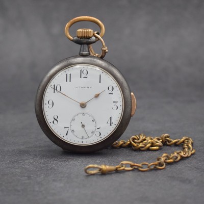 UTMOST offene Herrentaschenuhr mit 1/4 Std.- Repetition, Schweiz um 1910, brüniertes Stahlgeh., verg. Repet.-Drücker b. 3, Emailzifferbl. m. arab. ...