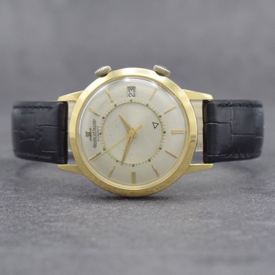 Jaeger-LeCoultre Memovox seltene Herrenarmbanduhr in GG 750/000 Referenz 855, Hammerautomatik, Schweiz um 1970, Boden verschr., silb. Zifferbl. m. ...