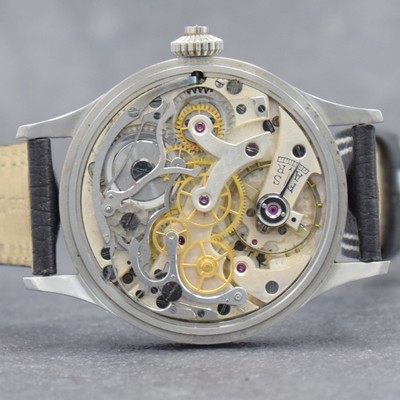 MINERVA Kaliber 9-19 Taschenuhrwerk Umbau zur Armbanduhr mit Chronograph, Werk um 1940, neutr. Stahlgeh., Boden & Glasrand aufgedr., Drückerkrone, ...