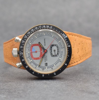 TISSOT SIDERAL Herrenarmbanduhr mit Chronograph, Schweiz um 1968, pultförmiges Monocoque Fiberglas-Geh. m. integr. orig. Lederband & orig. ...