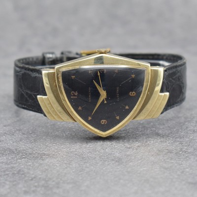 HAMILTON ELECTRIC seltene Herrenarmbanduhr in GG 585/000, USA um 1959, asymetrisches Gehäuse, Boden aufgedr., eine der ersten elektromechanischen ...