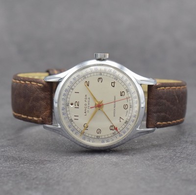 LANCO-FON Herrenarmbanduhr mit Weckfunktion,Schweiz um 1950, Handaufzug, verchr. Gehäuse, Edelstahlboden aufgedr., vers. Zifferbl. m. gold. arab. ...