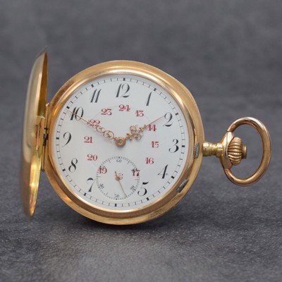 Savonette Herrentaschenuhr in RoseG 585/000, Schweiz um 1910, glattes 2-Deckel Goldgeh. dell., Sprungdeckel mit aufw. Schmuckmonogramm, Boden mit ...