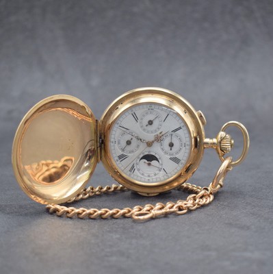 INVICTA Savonette mit Vollkalender, Repetition & Chronograph in RG 585/000 mit RG 585/000 Kette Gesamt-Gew. ca. 164g, Schweiz um 1900, 3-Deckel ...