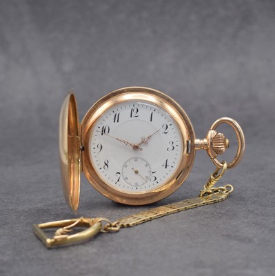 H.S Savonette in RG 585/000 mit Chatelaine in GG 333/000, Schweiz um 1900, Chatelaine sp., 2-Deckel Goldgeh., beide Schalen im Strahlendekor, ...