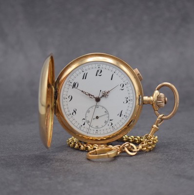 Savonette in RG 585/000 m. 1/4 Stundenrepetition & Chronograph, mit Kette in GG 750/000, Schweiz um 1900, Kette später, 3-Deckel Goldgeh. dell., ...