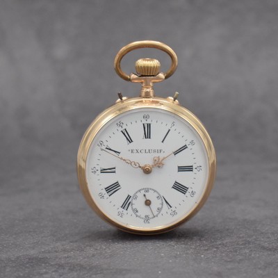 EXCLUSIF seltene Taschenuhr mit beidseitiger Zeitanzeige in RG 585/000, Schweiz für den osmanischen Markt um 1900, 2 x Emailzifferbl. riss., 1x mit ...