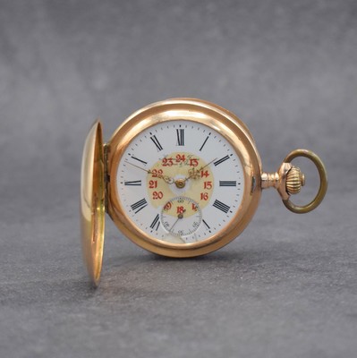 AUDEMARS FRERES Savonette in RG 585/000, Schweiz um 1900, 3-Deckel Goldgeh. dell., Emailzifferbl. m. arab. Zahlen besch., verg. Werk m. 3 verschr. ...