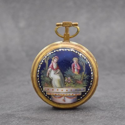 Spindeltaschenuhr mit Emailmalerei, Schweiz um 1800, verg. Gehäuse, Emailzifferbl. m. röm. Zahlen besch., Zeiger ers., Rückseite mit aufw. ...