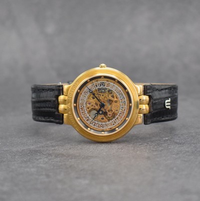 MAURICE LACROIX skelettierte Herrenarmbanduhr, Schweiz um 1995, Automatik, verg. Geh. beids. vergl., Boden aufgedr., Maurice Lacroix Lederband m. ...