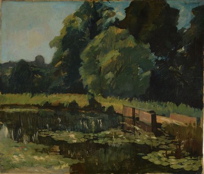 Jos. Delmeir o.ä., um 1900-1910, Schleuse am Waldrand, Öl/Lwd, rechts oben schwer lesbar signiert, ca. 60x70cm