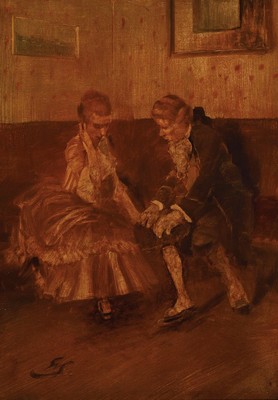 Wilhelm Schreuer, 1866 Wesel-1933 Düsseldorf, Interieur mit galantem Paar, Öl/Holz, links unten signiert, ca. 55x38cm, R. ca. 79x63cm