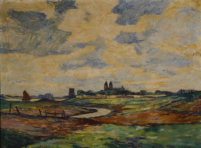 Wilhelm Schmetz, 1890 Düsseldorf-1938 Aachen, Blick auf Kaiserswerth, Öl/Lwd, rechts unten signiert, ca. 60x80cm, Reinigung empfohlen, R. ca. ...