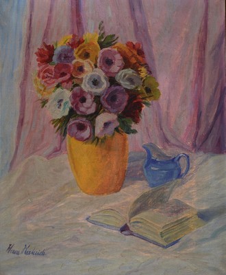 Hermann Herterich, geb. 1874 Frankfurt/Main, Studium am Städel in Frankfurt bei Hasselhorst, hier: Stillleben mit Blumen, Kännchen und Buch, ...