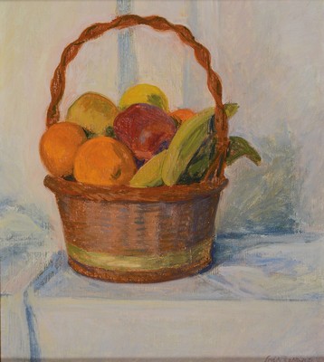 Lois Isara, 1923-2014, Stillleben mit Früchtekorb, Öl/Malkarton, rechts unten signiert, ca. 50x45cm, R. ca. 60x55cm