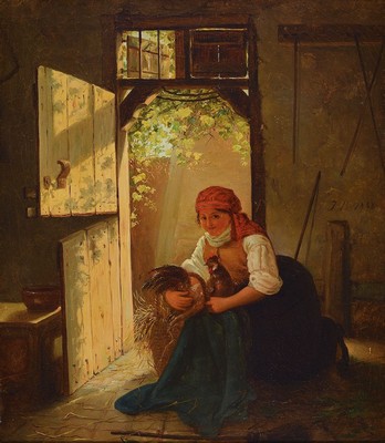 Monogrammist J.B., datiert 1858, Bäuerin mit Hahn in der Scheune, Öl/Lwd, seitlich rechts signiert, ca. 48x41cm, R. ca. 67x61cm