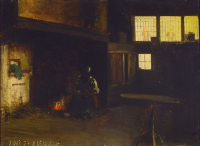 Heinrich Wieschebrink, 1852 Düsseldorf-1885 Kassel, Holländisches Kücheninterieur mit Frau und Kind, Öl/Malkarton, links unten signiert: 1.Okt.73 ...