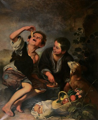 Unbekannter Künstler, um 1900, qualitätvolle Kopie des Gemäldes "Die Melonenesser" von Bartolome Murillo, Öl/Lwd, ca. 125x103cm, mit 11 ...