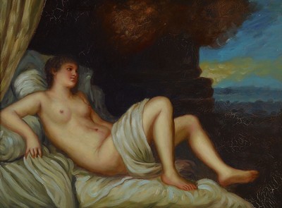 Zeitgenössischer Traditionalist, Odaliske, liegender weiblicher Akt, Öl/Holz, ca. 30x40cm, R. ca. 50x60cm