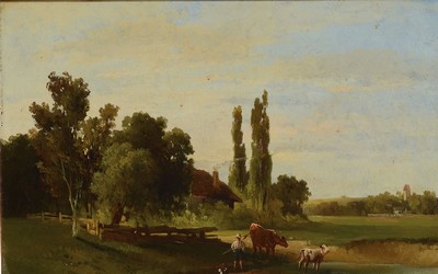 Monogrammist CH, 2. Hälfte 19. Jh., Sommerliche Landschaft mit Gehöft, Kuh und Kalb und Hütejungen, Öl/Lwd, links unten monogr., ca. 27x42cm, ...