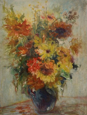 Carolus Vocke, 1899 Heilbronn-1979 Mannheim, Studium an den Akademien Stuttgart und Karlsruhe, herbstliches Blumenstillleben, l/Lwd/Holz, links unten ...