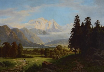 Wilh. Theodor Nocken, 1830-1905 Düsseldorf, Weite sommerliche Voralpenlandschaft, im Hintergrund das Hochgebirge, im Vordergrund zwei Personen, ...