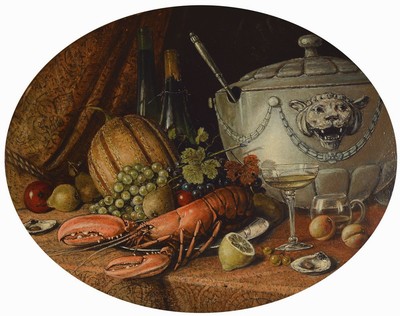 Hans August Lassen, 1857 Hawersleben-1938 Ratingen, Stillleben mit Terrine, Hummer, Auster und Früchten, Öl/Malkarton, unsigniert, rückseitig ...