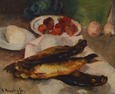 Gaston Haustrate, 1878-1949, Stillleben mit Fischen, Pilzen, Käse und Erdbeeren, Öl/Lwd, links unten signiert, ca. 40x45cm, R. ca. 60x65cm