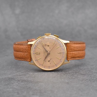 CHRONOGRAPHE SUISSE Herrenarmbanduhr mit Chronograph in RG 750/000, Schweiz um 1950, Handaufzug, 3-teil. Geh. dell., Boden & Glasrand aufgedr., ...
