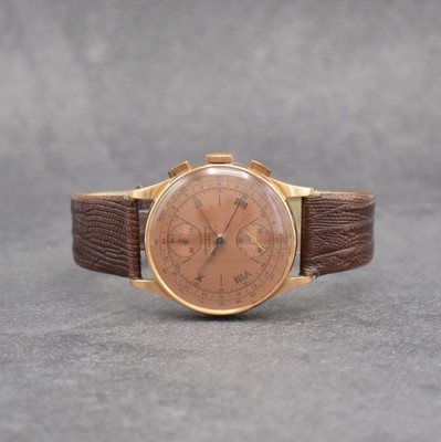 VENUS / CHRONOGRAPHE SUISSE Schaltradchronograph in RoseG 750/000, Schweiz um 1948, Handaufzug, Boden & Glasrand aufgedr., Metallcuv. zur Armierung, ...