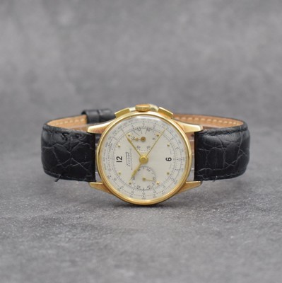 TISSOT seltener Schaltradchronograph in GG 585/000, Handaufzug, Schweiz um 1940, Boden & Glasrand aufgedr., Zifferbl. rest., 30 Min.- Stoppz., Tele- ...