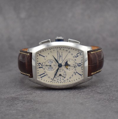 LONGINES Evidenza Moonphase Armbandchronograph XL, Automatik, Schweiz um 2011, Ref. L2.688.4, tonneau-förm. Edelstahlgeh. inkl. orig. Lederband m. ...