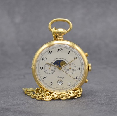 BERNEY offene vergoldete Taschenuhr mit Mondphase und Chronograph, Schweiz um 1985, Handaufzug, Boden aufgedr., seitl. Korrekturdr., silb. Zifferbl. ...
