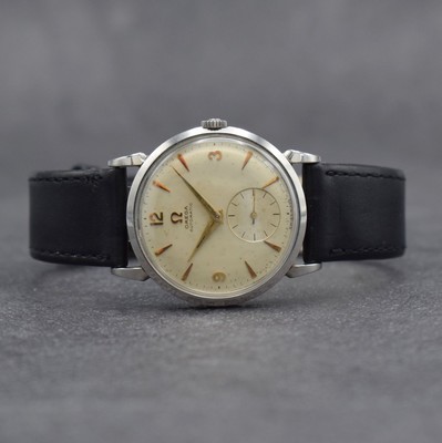 OMEGA Armbanduhr in Edelstahl Ref. 2402-7 mit Hammerautomatik, Schweiz um 1955, Automatik, 3-teil. Geh., Boden & Glasrand aufgedr., Omega Krone, ...