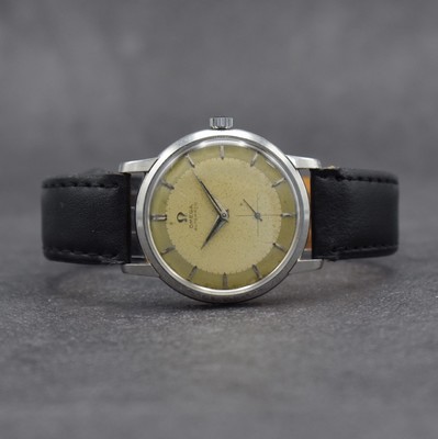 OMEGA Herrenarmbanduhr in Stahl Ref. 2888/ 2864-2SC, Schweiz um 1958, Automatik, 3 teil. Geh., Boden & Glasrand aufgedr., silb. Zifferbl. m. aufges. ...