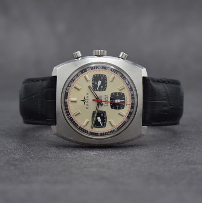 DUGENA Herrenarmbanduhr mit Chronograph, Schweiz um 1970, Handaufzug, massives Edelstahlgeh. m. geschr. Boden, silb. Zifferbl. m. aufges. Std.-Ind., ...