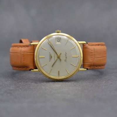 LONGINES Flagship Herrenarmbanduhr in GG 750/000 Ref. 3417, Schweiz um 1966, Automatik, 3-teil. Geh. l. dell., Boden entsprechend Symbolik & Glasrand ...